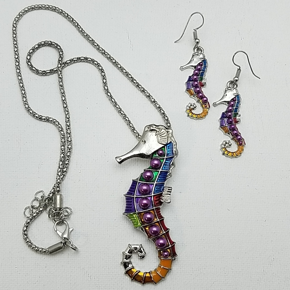 Colorful Seahorse Silver Tone Necklace & Earrings